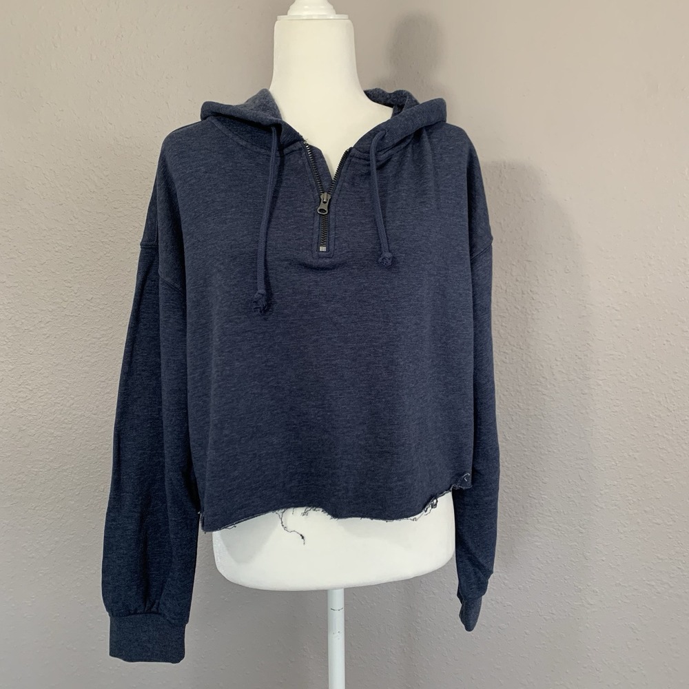 So Lounge Life Hoodie Sweatshirt Women's Sz‎ L Blue 1/4 Zip Crop Top Long Sleeve
